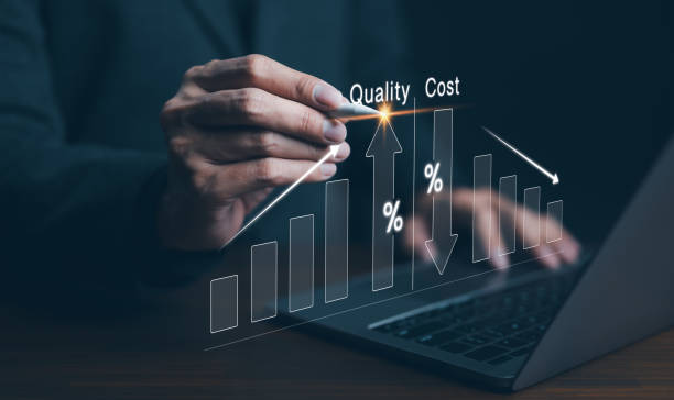 istock Quality increase and cost optimization for products or services to improve efficiency. Businessman use computer with quality control growth graph and cost reduction, Effective business, Efficient Risk 1803773847