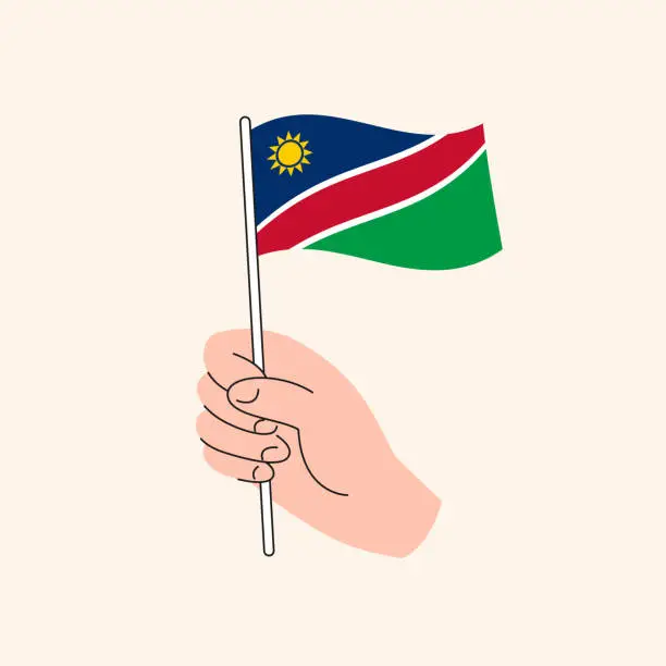 Vector illustration of Cartoon Hand Holding Namibian Flag, Isolated Vector Design