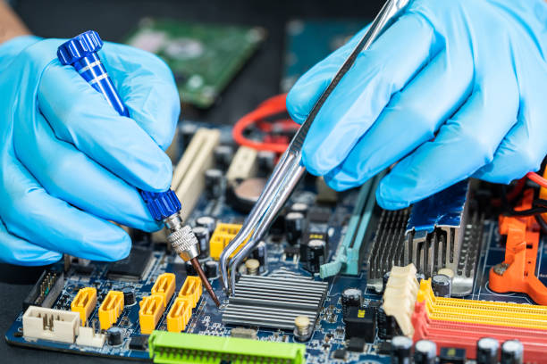istock Repairing and upgrade circuit mainboard of notebook, electronic, computer hardware and technology concept. 1803781370
