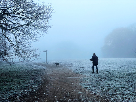 Man walking a dog on a foggy day in Epping Forest. December 2022
