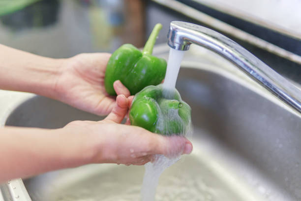 istock Woman hands washing fresh green bell pepper in kitchen 1803795344