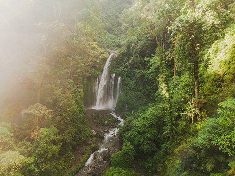 Scenic aerial  view of waterfall among tropical jungles