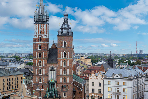 Krakow city center with St. Mary's Basilica from above in Krakow, Poland