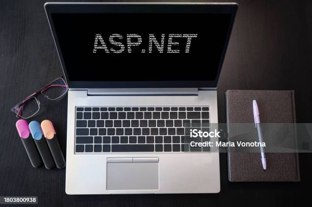 Laptop With Aspnet Text Top View Aspnet Inscription On Laptop Screen Stock Photo - Download Image Now