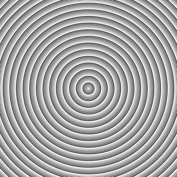 Vector illustration of A mesmerizing sequence of concentric, fading gray circles, with a distinct pattern repetition every 7th ring, creating a rhythmical visual journey.
