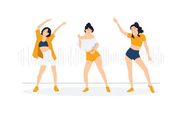 Vector illustration of Dancing, party, disco, break dancer, celebrating. Group of young happy dancing people listening to music with headphones and earphones. diversity concept illustration