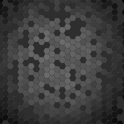 This image features a complex hexagonal pattern with various shades of gray, artfully arranged to give the illusion of a three-dimensional surface on a dark, gradient background.