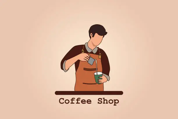 Vector illustration of Male barista making coffee at coffee shop. Vector illustration.