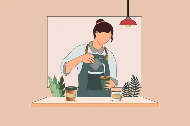 Vector illustration of Female barista making coffee at coffee shop. Vector illustration.