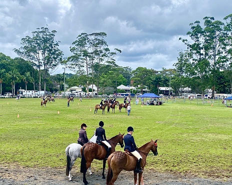 Horizontal landscape of horse riders from back view awaiting their open hunter galloway hack competition in rural country Bangalow show NSW Australia