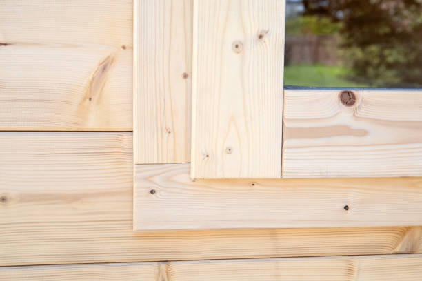 istock Wooden shed with window. Details and construction 1803809193