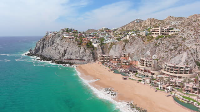 Mexico, Cabo San Lucas: Aerial view of famous resort city on southern tip of Baja California peninsula, Wejulia Beach - landscape panorama of Latin America from above