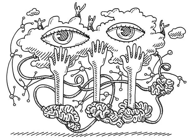 Vector illustration of Bizarre Brain Hands Eyes Concept Drawing