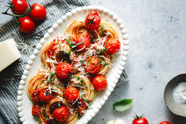 Freshly prepared spicy tomato basil pasta served on a plate