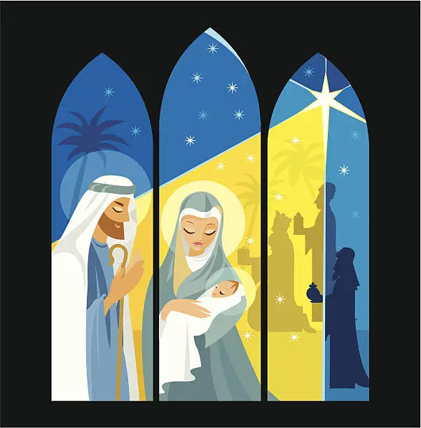 Vector illustration of Nativity scene in window framing