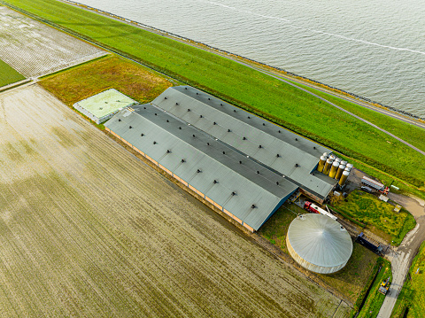Industrial scale pig farm for the meat industry  seen from above. Emissions of nitrogen oxides and ammonia mainly caused by industry, farming and transport have been too high in the Netherlands for many years now.