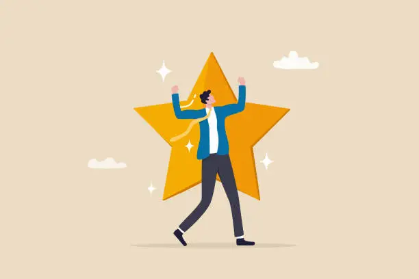 Vector illustration of Star employee, success leader or confidence, high performance staff or achievement, evaluation or award winning, quality concept, confidence businessman with excellent golden star.