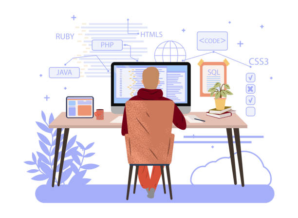 ilustraciones, imágenes clip art, dibujos animados e iconos de stock de desarrollo web, programador trabajando en informática, ingeniería y codificación de sitios web. concepto de codificación y programación de scripts en php, python, javascript, otros lenguajes. ilustración de dibujos animados vectoriales planos. - web designer