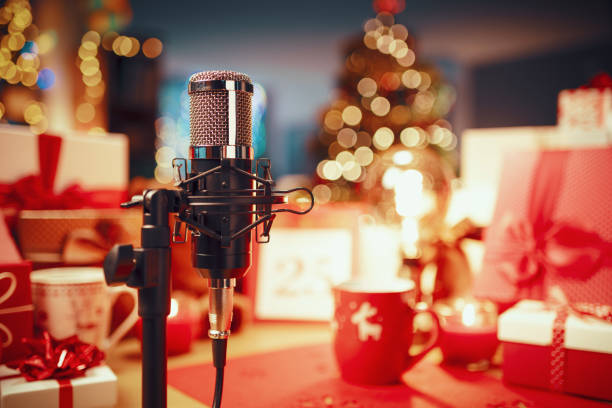 istock Christmas decorations at home and microphone 1803851922