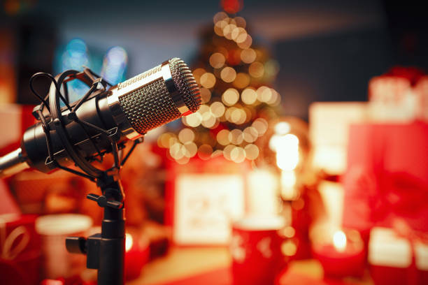 Christmas decorations at home and microphone