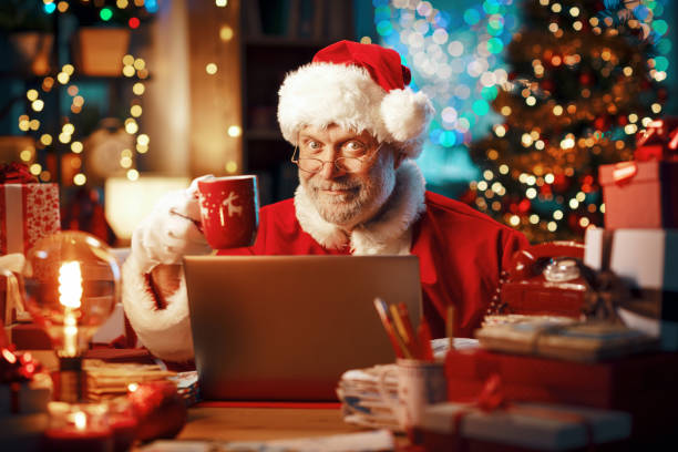 istock Happy Santa Claus having a coffee break 1803858589