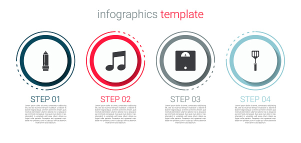 Set Pencil with eraser, Music note, tone, Bathroom scales and Spatula. Business infographic template. Vector