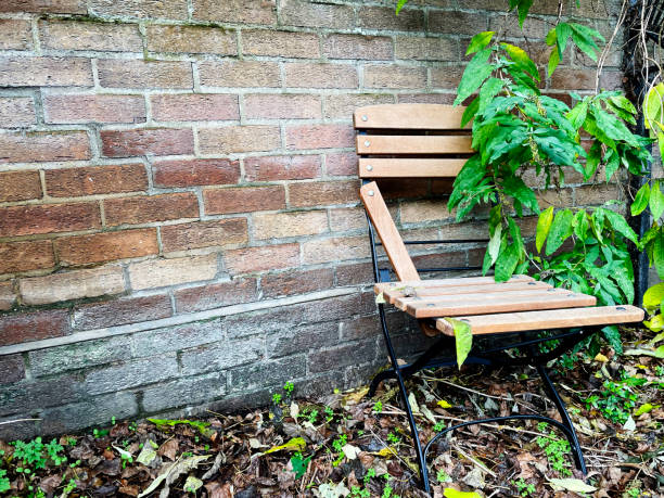 Broken wooden chair left in a garden in Norwich