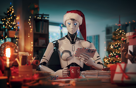 Humanoid AI robot Santa Claus reading letters at home and preparing for Christmas