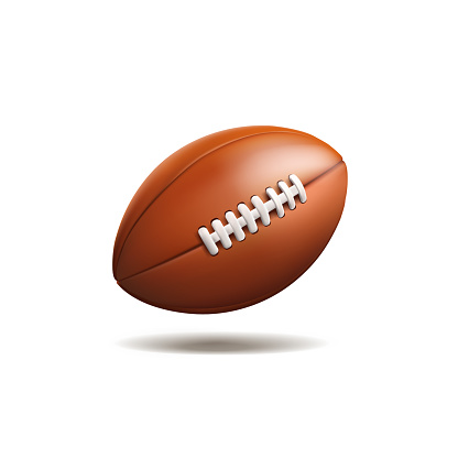 3D brown rugby ball on a white background. American football, soccer, sports competitions, tournaments, and the Super Bowl. Vector illustration EPS10