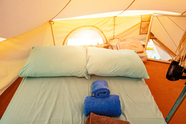 istock Tent with an inflatable mattress inside. Place for two. 1803873343