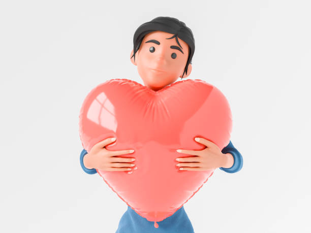 istock Cartoon character holding a big heart balloon 1803877607