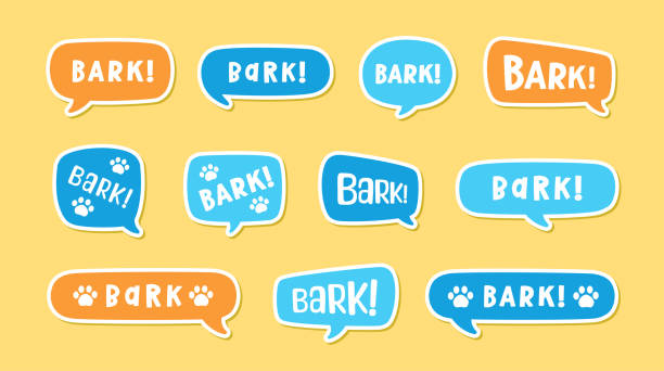 ilustrações de stock, clip art, desenhos animados e ícones de bark text in a speech bubble balloon set, digital sticker design. cute cartoon comics dog puppy sound effect and lettering. textured vector illustration. - cute vector textured effect cheerful