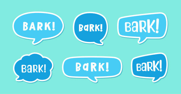 ilustrações de stock, clip art, desenhos animados e ícones de bark text in a speech bubble balloon set, digital sticker design. cute cartoon comics dog puppy sound effect and lettering. textured vector illustration. - cute vector textured effect cheerful