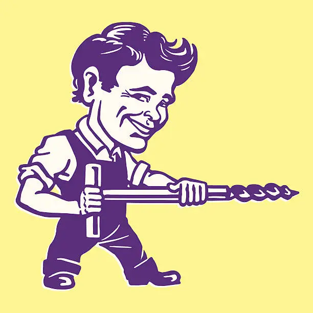 Vector illustration of Handyman with a Huge Drill Bit