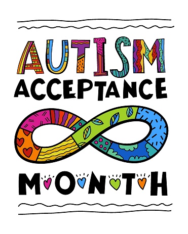 Autism acceptance month. Autistic spectrum disorder vertical poster. ASD banner, print. Editable vector illustration in vibrant colors with handmade lettering and fonts on a white background