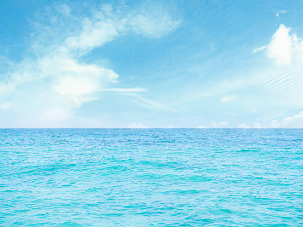 Sea Blue Ocean Water Horizon Background View Texture Surface Wave Shore Calm Summer with Light Day Tropical Landscape Nature Beautiful Outdoor Season.