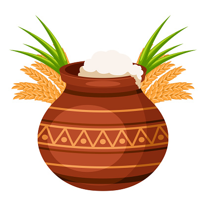 Traditional clay pot with rice, sugarcane and wheat for Happy Pongal harvest festival celebration card