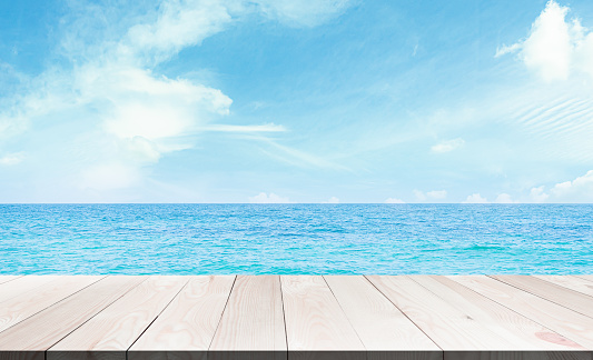 Sea Table Background Summer Tropical Blue Ocean with Sky Horizon Island Deck Mockup Stage Product Beauty Cosmetic Sunscreen for Tourism Vacation Relax Travel Holiday, Nature Beautiful Scene.