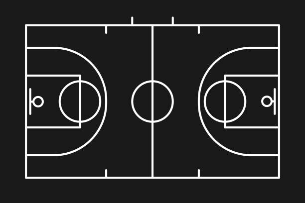 ilustraciones, imágenes clip art, dibujos animados e iconos de stock de silueta de la línea de fondo del campo de la cancha de baloncesto - pistas
