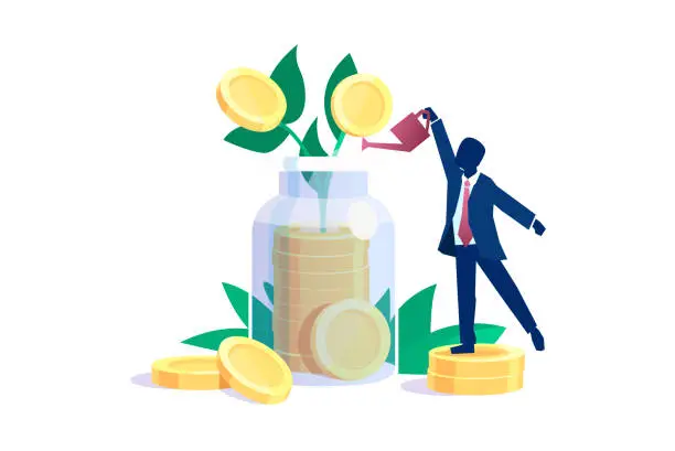 Vector illustration of Vector of a successful business man watering growing money plant