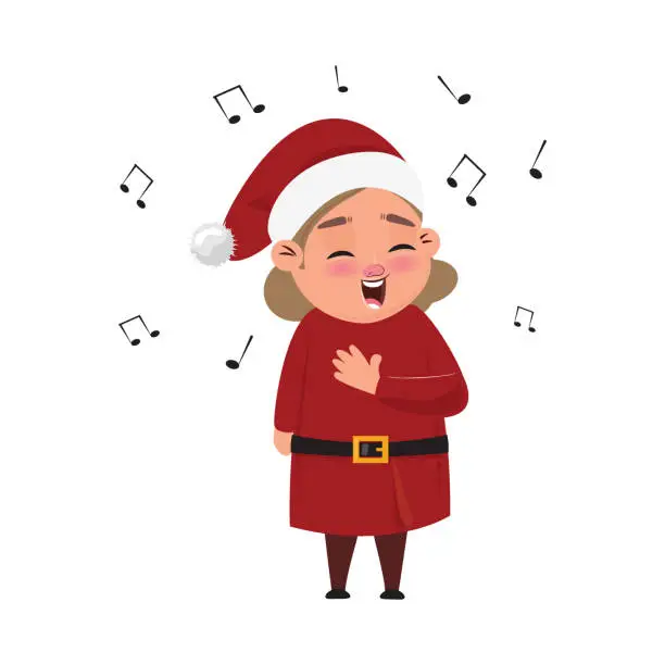 Vector illustration of Cute girl elf dressed in red costume sings