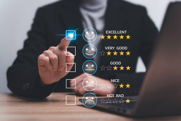 istock Customer Satisfaction Survey, Feedback on Quality, Rating Service Experiences On Online concept, Businesswomen give gold five-star rating feedback and top Service Business Reputation, Customer review 1803938261