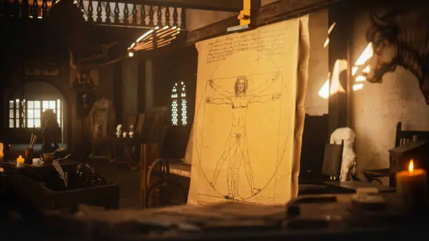 Photo of Close Up on the Drawing of the Vitruvian Man by Leonardo da Vinci Resting on an Easel in Art Studio. The Famous Piece Representing Science, Art, Health and Fitness. Important Painting from History