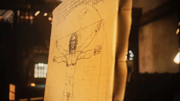 Photo of Close Up on the Drawing of the Vitruvian Man by Leonardo da Vinci Resting on an Easel in Art Studio. The Famous Piece Representing Science, Art, Health and Fitness. Important Painting from History