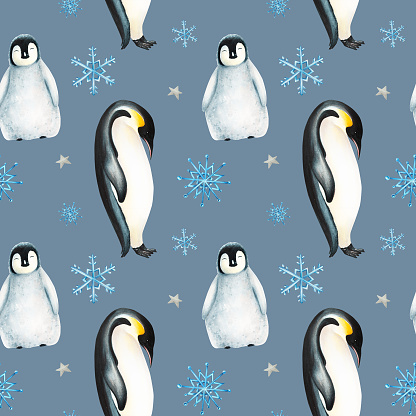 istock Watercolor winter seamless pattern illustration of a king penguins under snowflakes isolated. Hand painting realistic Arctic and Antarctic ocean mammals. For designers, decoration, postcards, wrapping paper, scrapbooking, covers, logos, invitations 1803960807