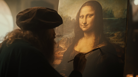 Creation of High Art: Documentary Depiction Scene of the Famous Leonardo da Vinci Creating his Famous Painting of the Mona Lisa in his Workshop. Historical Figure Making History with his Art