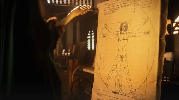 Photo of Medium Shot of the Drawing of the Vitruvian Man by Leonardo da Vinci Resting on an Easel in Renaissance Art Studio. Famous Piece Representing Science, Art, Health and Fitness. Scientist Studying it