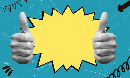 Artistic collage depicting large symbol of thumbs up gesture inside speech bubble on blue background. The concept of advertising a quality product.