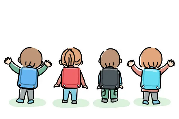 Vector illustration of Rear view of four children carrying school bags on their backs