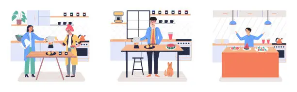 Vector illustration of People cooking vegetarian food. Vector illustration. Smiling man cooking homemade meals